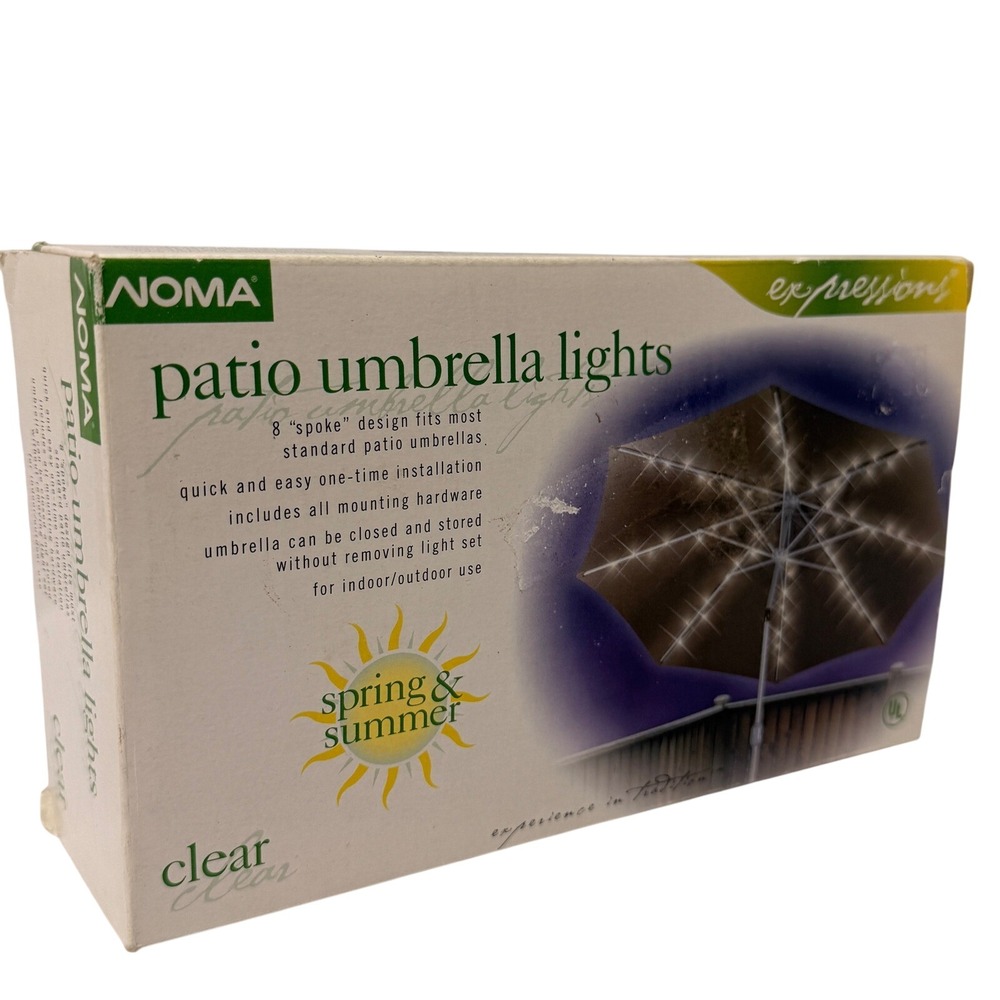 Noma Expressions Patio Umbrella Lights 8 Spoke White Wire 72 Clear Bulbs 87050